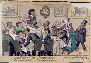 मिडिल क्लास बोर्डिंग हाउस, कैरिकेचर, 1881 (रंग उत्कीर्णन) द्वारा Lavrate