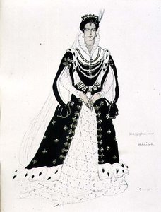 मामूली पेट्रोविच मौसोर्स्की (1835-81) द्वारा 'बोरिस गोडुनोव' में मरीना के लिए पोशाक डिजाइन (कागज पर पानी के रंग का) द्वारा लियोन बक्स्तो