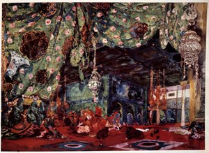 निकोलस (निकोलाई) रिमस्की कोर्साकोव (रिम्स्की-कोर्साकोव) (1844-1908) द्वारा ओपेरा "" शेहेराज़ादे"" (शेहरज़ादे) के लिए रूसी चित्रकार और डेकोरेटर लियोन बैकस्ट (1866-1924) द्वारा दृश्यता। द्वारा लियोन बक्स्तो