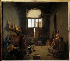 1814 में कॉलेज ऑफ फोर नेशंस में डेविड के स्टूडियो का इंटीरियर (वर्तमान में इंस्टिट्यूट डी फ्रांस)। मैथ्यू कोचेरो द्वारा पेंटिंग (1793-1817) द्वारा लियोन मैथ्यू कोचर्यू
