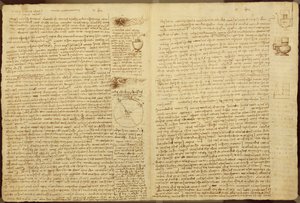 कोडेक्स लीसेस्टर का एक पृष्ठ, 1508-12 (लिनन पेपर पर सीपिया स्याही) द्वारा लियोनार्डो दा विंची