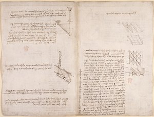 अरुंडेल 263, f.120v, f.121 यांत्रिकी पर नोट्स और आरेख, तरल पदार्थ के वेग के संबंध में, c.1503-6 (कागज़ पर कलम और स्याही) द्वारा लियोनार्डो दा विंची