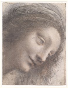 वर्जिन के प्रमुख, 1508-1512 (काले चाक, चारकोल, और लाल चाक, कार्ड पर सफेद चाक के कुछ निशान के साथ) द्वारा लियोनार्डो दा विंची