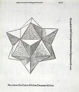 Hexaedron लुका पसिओली (c.1445-1517) द्वारा एक &39;दिव्य अनुपात&39; से पूरी तरह से बंद को उठा लिया, मूल रूप से पब। वेनिस 1509 द्वारा लियोनार्डो दा विंची