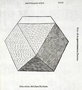 Hexaedron लुका पसिओली (c.1445-1517) द्वारा एक &39;दिव्य अनुपात&39; से पूरी तरह से काट दिया, मूल रूप से पब। वेनिस 1509 द्वारा लियोनार्डो दा विंची