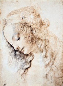 लियोनार्डो दा विंची (लियोनार्डो दा विंची) (1452 - 1519): बंद आँखों वाली लड़की का चित्रण और उसके बालों के साथ सिर नीचे की ओर, आभूषणों से समृद्ध एक बैंड से सजी हुई (इमेगिना) द्वारा लियोनार्डो दा विंची