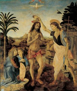 1475 - 1478 के आसपास मसीह का बपतिस्मा एंड्रिया डेल वेरोकियो (1436-1488) और लियोनार्डो दा विंची (विन्सी के लियोनार्ड) (1452-1516), लकड़ी पर तेल और तापमान द्वारा द्वारा लियोनार्डो दा विंची