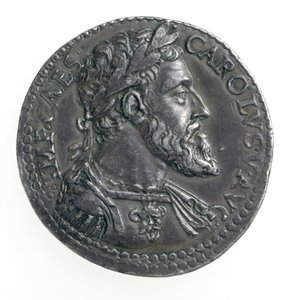 चार्ल्स वी (1500-58) के ड्यूक ऑफ मिलन का परीक्षण, डाई द्वारा उत्कीर्ण, 1535-56 (ऑबवर्स) (चांदी) (रिवर्स के लिए 168055 देखें) द्वारा Leone Leoni