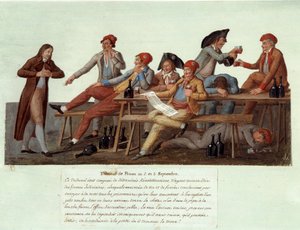 1789 की फ्रांसीसी क्रांति: "" 2 और 3 सितंबर को एक जेल अदालत"" एक क्रांतिकारी अदालत का व्यंग्यपूर्ण प्रतिनिधित्व, सदस्यों के पास शराब पीने और धूम्रपान करने से न्याय और न्यायाधीश मामलों के मामलों में कोई अधिकार क्षेत्र नहीं है। गौचे डेस फ