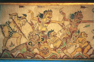 देवताओं और राक्षसों के बीच लड़ाई के दृश्यों को दर्शाने वाले भित्तिचित्र, केर्थ गोसा मंडप, क्लुंगकुंग पैलेस (पुरी अगुंग सेमरपुरा), सेमरपुरा, बाली, इंडोनेशिया द्वारा अज्ञात अज्ञात