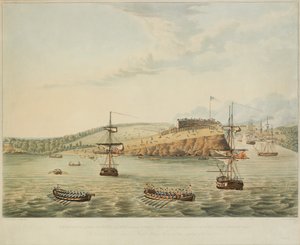 अमेरिका के लेक ओन्टारियो, फोर्ट ओस्वेगो पर हमला। 6 मई 1814, दोपहर और दूसरी बटालियन रॉयल मरीन द्वारा स्टॉर्मिंग और फोर्टिंग ओस्वागो और सीमन की एक पार्टी, दोपहर 12 बजे से 15 बजे, आर। हैवेल, 1815 द्वारा उकेरी गई द्वारा लेफ्टिनेंट जे। Hewitt