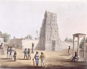 एच. मर्के (fl.1800-20) पब द्वारा उकेरी गई 'पिक्टोरियल सीनरी इन द किंगडम ऑफ मैसूर' से स्ट्रुपरमाडोर में एक शिवालय, प्लेट 23। एडवर्ड ओरमे द्वारा (1774-सी.1820) 1804 (एक्वाटिंट)