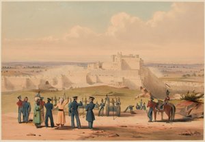 'द स्टॉर्मिंग ऑफ़ ग़ज़नी [sic]। कमांडर इन चीफ एंड स्टाफ', 23 जुलाई 1839 (कलर लिथो)