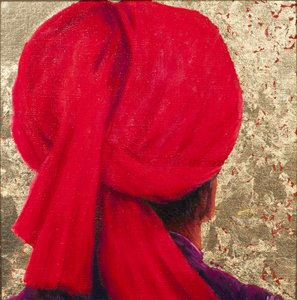सोने की पत्ती पर लाल पगड़ी, 2014 (सोने की पत्ती के साथ कैनवास पर तेल)