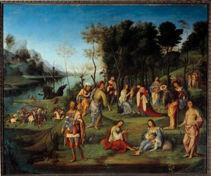 इसाबेल डी'एस्ट (1474-1539) के दरबार का रूपक एक स्वर्ग उद्यान में कला की सद्भाव और शांति का प्रतिनिधित्व करने वाला दृश्य। लोरेंजो कोस्टा (1460-1535) द्वारा 16वीं सदी के सूर्य की पेंटिंग। 1,64x1,97 मी