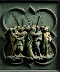 उत्तरी गेट (क्रॉस के गेट कहा जाता है, उत्तर में), बाहरी विस्तार: "कांस्य Lorenzo Ghiberti द्वारा बनाई गई मूर्ति" "यहूदा की किस" (1378-1455) द्वारा लोरेंजो घिबरती