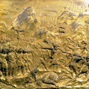 डेविड की कहानी और गोलियत, बैप्टिस्टर के पूर्वी दरवाजों का मूल पैनल, 1425-52 (गिल्ट कांस्य) (पोस्ट रिस्टोरेशन)