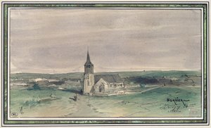 चर्च एंड विलेज इन द मिडल ऑफ़ ए फील्ड, मोंटगैन, 1866 (कागज पर पेन इन स्याही और डब्ल्यूसी) द्वारा लुई एडोल्फ हर्वियर