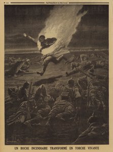 ज्वलनशील सामग्री ले जाने वाला जर्मन सैनिक एक रात की लड़ाई के दौरान मानव मशाल में बदल गया, प्रथम विश्व युद्ध