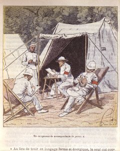 फ्रांस द्वारा 1895-96 (कलर लिथो) के विलय के समय मेडागास्कर में फ्रांसीसी युद्ध संवाददाता द्वारा लुई चार्ल्स ने बमबारी की