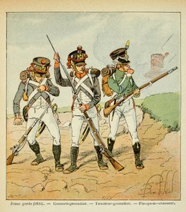 काउंट इमैनुएल डे लास केसेस (1766-1842) की पुस्तक "द मेमोरियल ऑफ सेंट हेलेन" से बॉम्बल्ड लुइस (1862-1927) का चित्रण: द यंग गार्ड ऑफ 1806: कॉन्स्क्रिप्ट ग्रेनेडियर; शूटर ग्रेनेडियर और फ्लैंकर हंटर, निजी संग्रह द्वारा लुई चार्ल्स ने बमबारी की