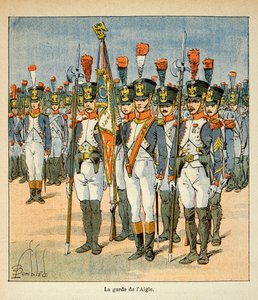 काउंट इमैनुएल डे लास केस (1766-1842) द्वारा "द मेमोरियल ऑफ सेंट हेलेन" पुस्तक से बॉम्बल्ड लुइस (1862-1927) द्वारा चित्रण: द गार्ड ऑफ द ईगल (नेपोलियन द्वारा ध्वज की रक्षा के लिए बनाया गया), निजी संग्रह द्वारा लुई चार्ल्स ने बमबारी की