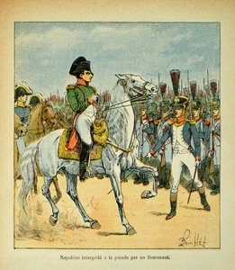 काउंट इमैनुएल डी लास केसेस (1766-1842) की पुस्तक "द मेमोरियल ऑफ सेंट हेलेन" से बॉम्बल्ड लुइस (1862-1927) का चित्रण: नेपोलियन एक लेफ्टिनेंट द्वारा परेड बुलाता है, निजी संग्रह द्वारा लुई चार्ल्स ने बमबारी की