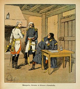 काउंट इमैनुएल डे लास केसेस (1766-1842) की पुस्तक "द मेमोरियल ऑफ सेंट हेलेन" से बॉम्बल्ड लुइस (1862-1927) का चित्रण: बोनापार्ट, जीन मैथ्यू फिलिबर्ट सेरुरियर (1742-1819) और जोहान वॉन क्लेनौ (1758-1819) ) इतालवी Ca . के दौरान रोवरबेलो में द्वारा लुई चार्ल्स ने बमबारी की