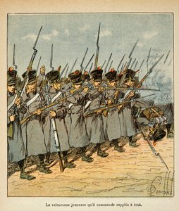 काउंट इमैनुएल डे लास केसेस (1766-1842) की पुस्तक "द मेमोरियल ऑफ सेंट हेलेन" से बॉम्बल्ड लुइस (1862-1927) का चित्रण: 1813 में लुटजेन की लड़ाई के दौरान फ्रांसीसी, निजी संग्रह द्वारा लुई चार्ल्स ने बमबारी की