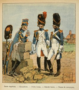 काउंट इमैनुएल डी लास केसेस (1766-1842) द्वारा "द मेमोरियल ऑफ सेंट हेलेन" पुस्तक से बॉम्बल्ड लुइस (1862-1927) का चित्रण: इंपीरियल गार्ड के ग्रेनेडियर्स: छोटा संगठन; बड़ा पहनावा और देशी पोशाक, निजी संग्रह द्वारा लुई चार्ल्स ने बमबारी की