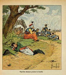 काउंट इमैनुएल डी लास केसेस (1766-1842) की पुस्तक "द मेमोरियल ऑफ सेंट हेलेन" से बॉम्बल्ड लुइस (1862-1927) का चित्रण: लड़ाई के दौरान सोते हुए सम्राट नेपोलियन, निजी संग्रह द्वारा लुई चार्ल्स ने बमबारी की