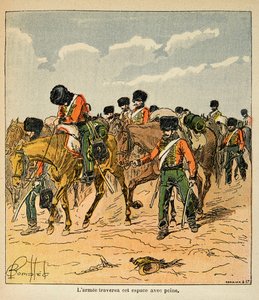 काउंट इमैनुएल डी लास केसेस (1766-1842) की पुस्तक "द मेमोरियल ऑफ सेंट हेलेन" से बॉम्बल्ड लुइस (1862-1927) का चित्रण: साम्राज्य की सेना मास्को से पहले रूसी मैदानों को कठिनाई से पार करती है, निजी संग्रह द्वारा लुई चार्ल्स ने बमबारी की