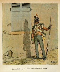 काउंट इमैनुएल डे लास केसेस (1766-1842) की पुस्तक "द मेमोरियल ऑफ सेंट हेलेन" से बॉम्बल्ड लुइस (1862-1927) का चित्रण: सेंट हेलेन में एम्परर्स हाउस के पास स्थित अंग्रेजी प्रहरी, निजी संग्रह द्वारा लुई चार्ल्स ने बमबारी की