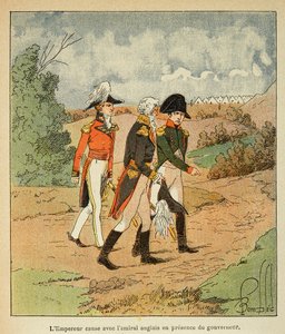 काउंट इमैनुएल डे लास केसेस (1766-1842) की पुस्तक "द मेमोरियल ऑफ सेंट हेलेन" से बॉम्बल्ड लुइस (1862-1927) का चित्रण: अगस्त 1816 में स्टी हेलेन में नेपोलियन, गवर्नर हडसन मो और अंग्रेजी एडमिरल कॉकबर्न के बीच बातचीत। निजी कंपनी द्वारा लुई चार्ल्स ने बमबारी की