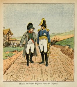 काउंट इमैनुएल डे लास केसेस (1766-1842) की पुस्तक "द मेमोरियल ऑफ सेंट हेलेन" से बॉम्बल्ड लुइस (1862-1927) का चित्रण: एल्बा द्वीप के रास्ते में, नेपोलियन ऑगेरेउ से मिलता है, निजी संग्रह द्वारा लुई चार्ल्स ने बमबारी की