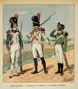 काउंट इमैनुएल डी लास केसेस (1766-1842) द्वारा "द मेमोरियल ऑफ सेंट हेलेन" पुस्तक से बॉम्बल्ड लुइस (1862-1927) का चित्रण: गार्डे इम्पीरियल; पहली रेजिमेंट के ग्रेनेडियर; दूसरी रेजिमेंट के छात्र, निजी संग्रह