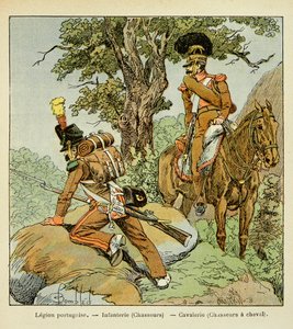 काउंट इमैनुएल डे लास केसेस (1766-1842) की पुस्तक "द मेमोरियल ऑफ सेंट हेलेन" से बॉम्बल्ड लुइस (1862-1927) का चित्रण: पुर्तगाली सेना: पैदल सेना (शिकारी) और घुड़सवार सेना (घोड़े पर शिकारी), निजी संग्रह द्वारा लुई चार्ल्स ने बमबारी की