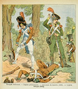 काउंट इमैनुएल डे लास केसेस (1766-1842) की पुस्तक "द मेमोरियल ऑफ सेंट हेलेन" से बॉम्बल्ड लुइस (1862-1927) का चित्रण: इटालियन ट्रूप्स, पाइमोंटेज लीजन: बैटल इन्फैंट्री (1806, इटैलिक लीजन (1800), प्राइवेट कलेक्शन द्वारा लुई चार्ल्स ने बमबारी की