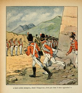 काउंट इमैनुएल डी लास केसेस (1766-1842) की पुस्तक "द मेमोरियल ऑफ सेंट हेलेन" से बॉम्बल्ड लुइस (1862-1927) का चित्रण: सम्राट नेपोलियन सेंट हेलेन, निजी संग्रह के गैरीसन द्वारा बधाई देता है द्वारा लुई चार्ल्स ने बमबारी की