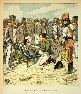 काउंट इमैनुएल डी लास केसेस (1766-1842) की पुस्तक "द मेमोरियल से सैंट हेलेन" से बॉम्बल्ड लुइस (1862-1927) का चित्रण: मारेचल जीन लैंस की मृत्यु (1769-1809), सम्राट नेपोलियन के पास अपने कोट्स, निजी हैं संग्रह द्वारा लुई चार्ल्स ने बमबारी की