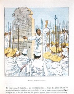 1895 में मेडागास्कर पर फ्रांसीसी कब्जे के बाद फ्रांस के खिलाफ विद्रोह का उपदेश देने वाले जादूगर, डीएचगली द्वारा 'ला ग्वेरे ए मेडागास्कर' का चित्रण, 19 वीं शताब्दी के अंत में (रंग लिथो) द्वारा लुई चार्ल्स ने बमबारी की