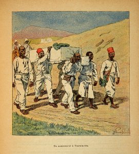 मेडागास्कर में युद्ध- 1885-1895 के फ्रांसीसी अभियानों का उपाख्यानात्मक इतिहास हेनरी गैली डिट गैलिचेट (1854-1922) द्वारा, लुई बॉम्बल्ड द्वारा सचित्र (1862-1927): 1895 में त्सारसाओत्रा में एक सैनिक का दफन, निजी संग्रह द्वारा लुई चार्ल्स ने बमबारी की