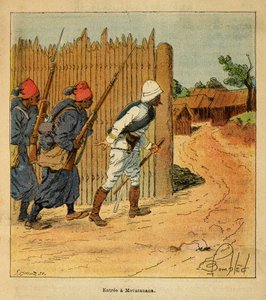 मेडागास्कर में युद्ध- 1885-1895 के फ्रांसीसी अभियानों का उपाख्यानात्मक इतिहास हेनरी गैली डिट गैलिचेट (1854-1922) द्वारा, लुई बॉम्बल्ड (1862-1927) द्वारा सचित्र: फ्रांसीसी सैनिकों ने 1895 में मेवाताना गांव में प्रवेश किया, निजी संग्रह द्वारा लुई चार्ल्स ने बमबारी की