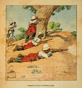 मेडागास्कर में युद्ध- 1885-1895 के फ्रांसीसी अभियानों का उपाख्यानात्मक इतिहास हेनरी गैली डिट गैलिचेट (1854-1922) द्वारा, लुई बॉम्बल्ड (1862-1927) द्वारा सचित्र: 1895 में मेडागास्कर में पैदल लड़ने वाले अफ्रीका के शिकारी, निजी संग्रह द्वारा लुई चार्ल्स ने बमबारी की
