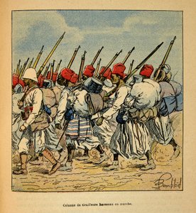मेडागास्कर में युद्ध- 1885-1895 के फ्रांसीसी अभियानों का उपाख्यानात्मक इतिहास हेनरी गैली डिट गैलिचेट (1854-1922) द्वारा, लुई बॉम्बल्ड द्वारा सचित्र (1862-1927): 1895 में मार्चिंग हॉउसस तिराइलर्स का स्तंभ, निजी संग्रह द्वारा लुई चार्ल्स ने बमबारी की