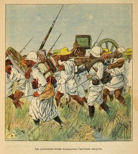 मेडागास्कर में युद्ध- 1885-1895 के फ्रांसीसी अभियानों का उपाख्यानात्मक इतिहास हेनरी गैली डिट गैलिचेट (1854-1922) द्वारा, लुई बॉम्बल्ड (1862-1927) द्वारा सचित्र: कैदी होवास तोपखाने के टुकड़ों का परिवहन करते थे, निजी संग्रह द्वारा लुई चार्ल्स ने बमबारी की