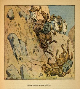 मेडागास्कर में युद्ध- 1885-1895 के फ्रांसीसी अभियानों का उपाख्यानात्मक इतिहास हेनरी गैली डिट गैलिचेट (1854-1922) द्वारा, लुई बॉम्बल्ड (1862-1927) द्वारा सचित्र: एक सैन्य काफिले के खच्चर एक अवक्षेप में गिरते हैं, विशेष संग्रह द्वारा लुई चार्ल्स ने बमबारी की