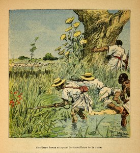 मेडागास्कर में युद्ध- 1885-1895 के फ्रांसीसी अभियानों का उपाख्यानात्मक इतिहास हेनरी गैली डिट गैलिचेट (1854-1922) द्वारा, लुई बॉम्बल्ड (1862-1927) द्वारा सचित्र: 1895 में सैन्य भवन पर एक सड़क पर हमला करने वाले होवास तिराइलर्स, निजी संग्रह द्वारा लुई चार्ल्स ने बमबारी की
