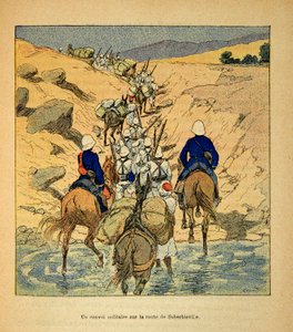 मेडागास्कर में युद्ध- 1885-1895 के फ्रांसीसी अभियानों का उपाख्यानात्मक इतिहास हेनरी गैली डिट गैलिचेट (1854-1922) द्वारा, लुई बॉम्बल्ड (1862-1927) द्वारा सचित्र: 1895 में सबरबीविले के लिए सड़क पर एक सैन्य काफिला, निजी संग्रह द्वारा लुई चार्ल्स ने बमबारी की
