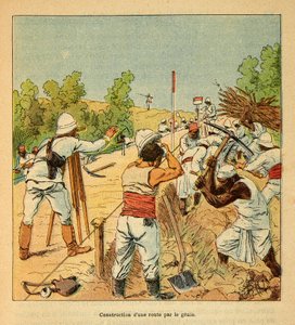 मेडागास्कर में युद्ध- 1885-1895 के फ्रांसीसी अभियानों का उपाख्यानात्मक इतिहास हेनरी गैली डिट गैलिचेट (1854-1922) द्वारा, लुई बॉम्बल्ड द्वारा सचित्र (1862-1927): 1895 में जिनी द्वारा मेडागास्कर में एक सड़क का निर्माण, निजी संग्रह द्वारा लुई चार्ल्स ने बमबारी की